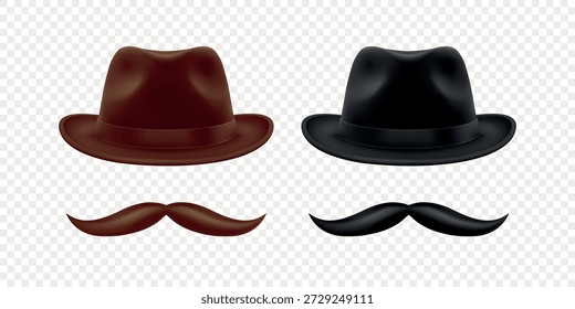 Vetor 3d chapéu realista e bigode definido em marrom e preto. Vintage Gentleman Chapéu e Bigode para Barbearia, Traje Retrô, Hipster Design. Ilustração de chapéu e bigode