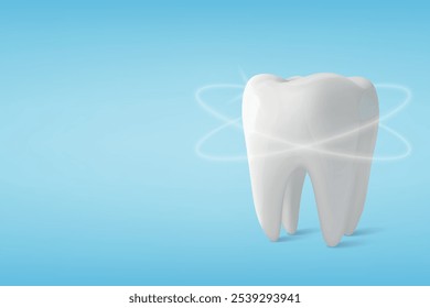 Vetor 3D realístico saudável brilhante dente isolado no fundo azul. Conceito De Tratamento Dentário. Modelo de Projeto Médico, Clipart, Mockup. Odontologia, Saúde, Higiene Oral Ilustração