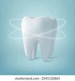 Vetor 3D realístico saudável brilhante dente isolado no fundo azul. Conceito De Tratamento Dentário. Modelo de Projeto Médico, Clipart, Mockup. Odontologia, Saúde, Higiene Oral Ilustração