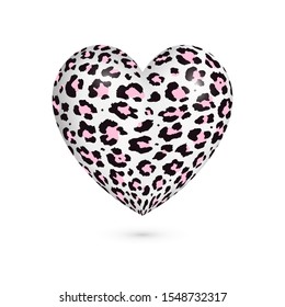 Vector 3d realistic heart with leopard print isolated on white background. Modern animal fur fashion design element. Exotic wild African cat realistic skin into a heart. Love animal, Leopard concept. 