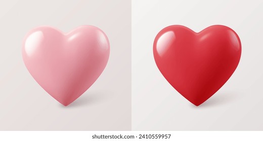 Vector 3d Forma De Corazón Realista Cerrado. Romántica forma de corazón rojo y rosa brillante fijada para el Día de San Valentín. Plantilla para diseños y decoraciones