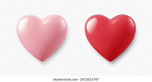 Vector 3d Realistic Heart Shape Closeup Isolated. Romantic Red and Pink Glossy Heart Shape Set for Valentine's Day. Template for Designs and Decorations