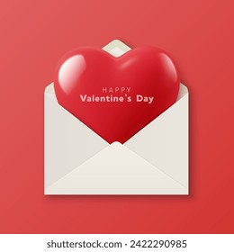 Vector 3d Realistic Heart Shape in an Envelope Closeup Isolated in Red Background. Romantic Red Glossy Heart Shape Set for Valentine's Day. Template for Designs and Decorations