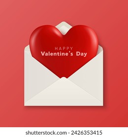 Vector 3d Realistic Heart Shape in an Envelope Closeup Isolated in Red Background. Romantic Red Glossy Heart Shape Set for Valentine's Day. Template for Designs and Decorations
