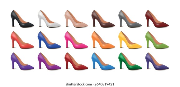 Vector 3d Realistic High Heel Shoes Set in Multiple Colors. Fashion Womens Stiletto Heels Collection for Style Design, Bridal Accessories, Elegant Outfit, Boutique, Glam Looks, Footwear Icons