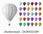 Vector 3d Realistic Hot Air Balloon Icon Set, Isolated. Vector Illustration of an Inflatable Aircraft for Travel, Flight Adventure, Front View. Hot Air Balloons in Different Colors