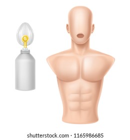 Vector 3d realistic human body for training of artificial respiration, equipment for lifeguards, medical workers. Trainer and gas cylinder with oxygen, apparatus isolated on white background.