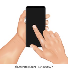 Vector 3d realistic human hand holding smartphone and touching screen. Template, mock up for mobile app or advertisment. Isolated device and hands. Template 3d realistic Hands and phone
