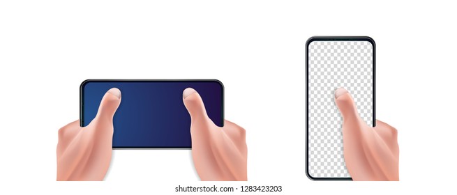 Vector 3d realistic human hand holding smartphone and touching screen