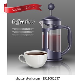 Vector 3d realistic icon illustration of french press coffee with white mug. Isolated on grey background.