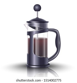 Vector 3d realistic icon illustration of french press coffee. Isolated on white background.