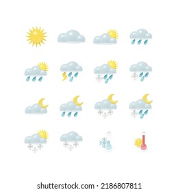 Vector 3D realistic icon set for weather forecast. Render of the illustration with meteorology signs. Three-dimensional solid sun, clouds, rain, snow and thermometers