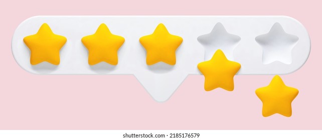 Vector 3d realistic illustration of 5 stars feedback, evaluation of a product or service on a pink background. Two stars are falling from the scoreboard.