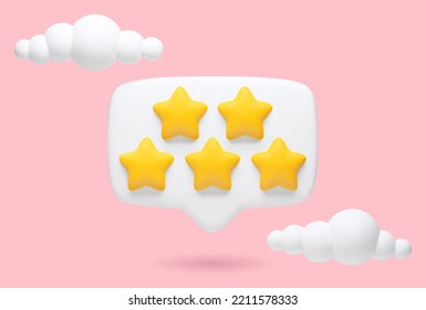 Vector 3d realistic illustration of 5-star feedback, evaluation of a product or service on a pink background with clouds