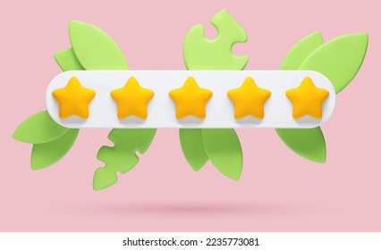 Vector 3d realistic illustration of 5-star feedback, evaluation of a product or service on a pink background with leaves