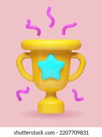 Vector 3d realistic illustration of the award, a yellow cartoon cup with a star and purple tinsel