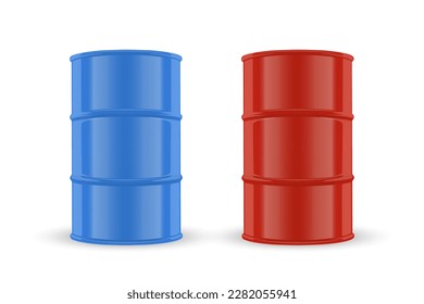 Vector 3d Realistic Illustration. Blue and Red Simple Glossy Metal Oil, Fuel, Gasoline Barrel Icon Set Isolated on White Background. Design Template of Packaging for Mockup. Front View