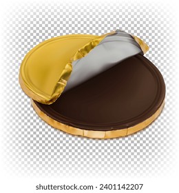 Vector 3d realistic illustration of chocolate coin in gold foil isolated on white background. Sweet dessert, Christmas treat.