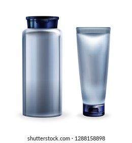 Vector 3d realistic illustration with cosmetics for men - silver grey jar with lotion, tube with cream. Mock up with moisturizer, natural gel. Bottle with shaving liquid isolated on white background