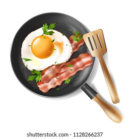 Vector 3d realistic illustration of fried eggs with roasted bacon strips and green parsley, isolated on background. Fresh morning breakfast in frying pan, light meal, natural healthy food