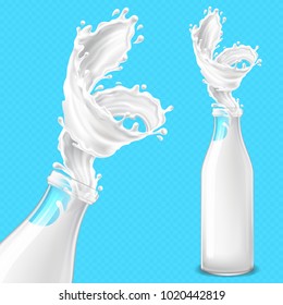 Vector 3d realistic illustration of glass bottle with milk and swirling splash, healthy fresh natural beverage for breakfast isolated on blue background. Mockup for packaging design, promotion poster