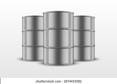 Vector 3d Realistic Illustration. Gray Steel Simple Three Glossy Metal Oil, Fuel, Gasoline Enamel Barrel Set Closeup Isolated on White Background. Design Template of Packaging for Mockup. Front View