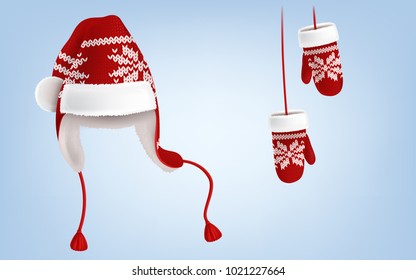 Vector 3d realistic illustration of knitted santa hat with earflaps, and mittens with decorative pattern on them, isolated on background. Christmas traditional festive clothes for head and hands