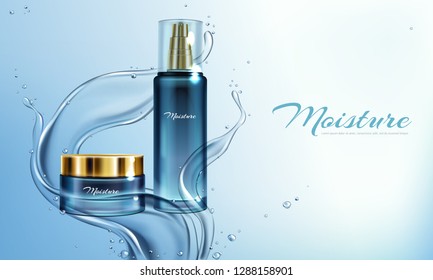 Vector 3d realistic illustration with moisturizing cream, lotion in water splashes. Mock up cosmetic banner. Glass jar of cosmetics, natural serum or gel. Bottle with essence isolated on background