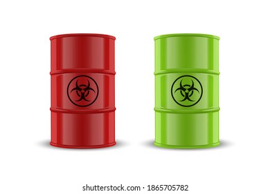 Vector 3d Realistic Illustration. Red and Green Simple Glossy Enamel Metal Oil, Fuel, Gasoline Barrel Set with Biohazard Sign Isolated on White. Design Template of Packaging for Mockup. Front View