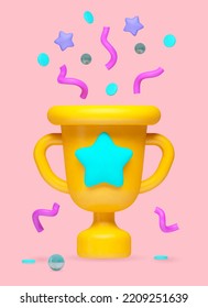 Vector 3d realistic illustration, reward, yellow cartoon goblet with a star and tinsel and confetti flying out of it