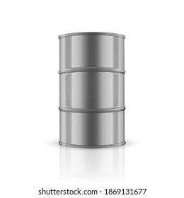 Vector 3d Realistic Illustration. Silver Steel Simple Glossy Metal Oil, Fuel, Gasoline Barrel with Reflection Isolated on White Background. Design Template of Packaging for Mockup. Front View