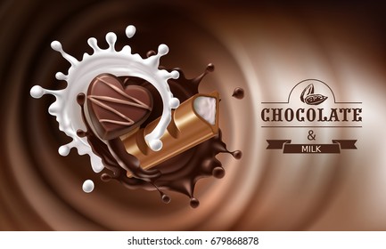 Vector 3D ilustración realista, salpicaduras de chocolate fundido y leche con trozo de chocolate y dulces. Diseño de envases para chocolates, caramelos, plantilla, afiche publicitario