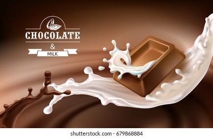 Vector 3D Realistic Illustration, Splashes Of Melted Chocolate And Milk With Falling Pieces Of Chocolate Bars. Milk Chocolate Packaging Design, Template, Advertising Poster