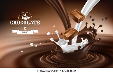 Vector 3D Realistic Illustration, Splashes Of Melted Chocolate And Milk With Falling Pieces Of Chocolate Bars. Milk Chocolate Packaging Design, Template, Advertising Poster