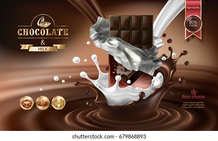 Vector 3D realistic illustration, splashes of melted chocolate and milk with falling chocolate bar. Excellent advertising poster for promoting