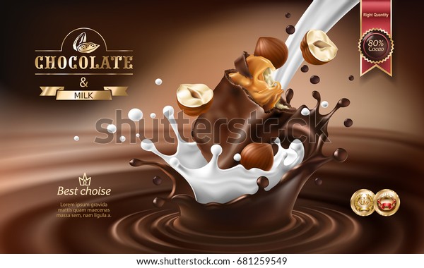 ベクター3dのリアルなイラスト 落ちるチョコレートバーとヘーゼルナッツを使った溶かしたチョコレートとミルクのスプラッシュ チョコレートバーのパッケージデザイン テンプレート プロモーション用広告ポスター のベクター画像素材 ロイヤリティフリー