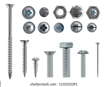 Vector 3d realistic illustration of stainless steel bolts, nails and screws on white background. Top and side view of industrial chrome hardware, different heads with nuts and washers