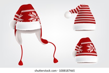 Vector 3d realistic illustration of three knitted santa hats with decorative pattern on them, isolated on background. Christmas traditional headdress, with pom-poms, earflaps and ornament