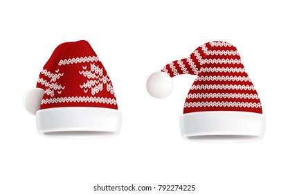 Vector 3d realistic illustration of two knitted santa hats with decorative pattern on them, isolated on white background. Christmas traditional red headdress, element of festive costume