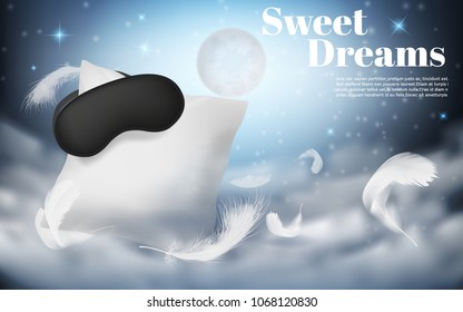 Vector 3d Realistic Illustration With White Pillow, Sleep Mask, Feathers, Isolated On Blue Night Background With Moon. Mockup With Soft Cushion For Comfortable Sleep And Sweet Dreaming