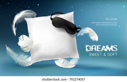 Vector 3d realistic illustration with white pillow, sleep mask, feathers, isolated on blue night background. Soft cushion for comfortable sleep and sweet dreaming. Mockup for presentation your product