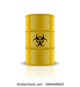 Vector 3d Realistic Illustration. Yellow Simple Glossy Enamel Metal Oil, Fuel, Gasoline Barrel with Biohazard Sign Isolated on White Background. Design Template of Packaging for Mockup. Front View