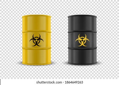 Vector 3d Realistic Illustration. Yellow and Black Simple Glossy Enamel Metal Oil, Fuel, Gasoline Barrel Set with Biohazard Sign Isolated. Design Template of Packaging for Mockup. Front View
