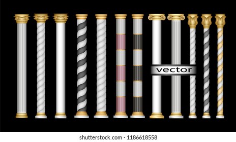 Vector 3D, realistic illustration-columns as a detail of white architecture with gold Roman, Oriental, classic, Corinthian, ionic, Doric simplified, modern large set isolated on transparent background