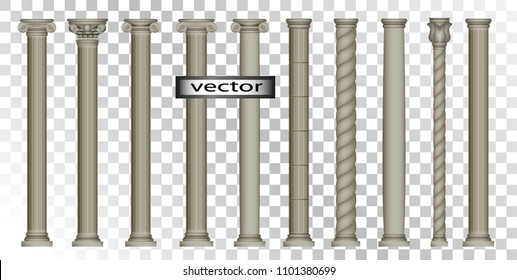 Vector 3D, realistic illustrations-Columns, Roman, Oriental, classic, Corinthian, ionic, Doric simplified, modern, large set of vintage antique colors isolated on transparent background.