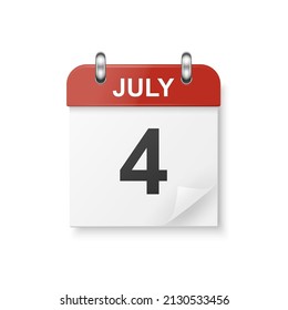 Vector 3d Realistic Independence Day Classic Simple Minimalistic Calendar, Folded Paper Corner. July 4th. Design Template of Independence Day, 4th of July, Card, Banner, Wall Calendar, Background