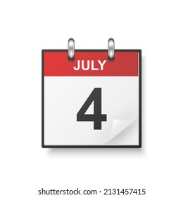Vector 3d Realistic Independence Day Classic Simple Minimalistic Calendar, Folded Paper Corner. July 4th. Design Template of Independence Day, 4th of July, Card, Banner, Wall Calendar, Background