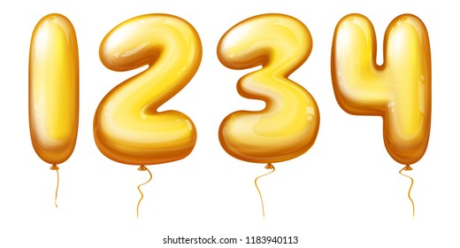 Vector 3d realistic inflatable balloons in numbers from one to four. Golden rubber or foil product with helium isolated on white background for different celebrations - anniversary, birthday.