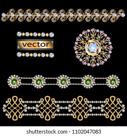 Vector 3D realistic isolated illustration of pearl and gold jewelry brooches, bracelets, pendants, pendants, buckles, jewelry with precious stones