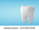 Vector 3D Realistic Isolated Tooth on Blue Background. Closeup of Single Tooth, Dental Health Illustration. Tooth Design for Dentistry, Healthcare, Hygiene Concept